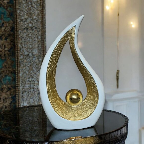 Modern Decorative Objects White Pearl and Gold Home Accent Art Ceramic 12.8" H - Picture 1 of 9